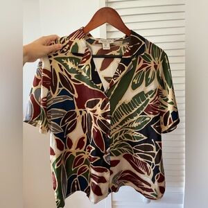 Women's Tropical Print Silk Button-Up Shirt (Size M)